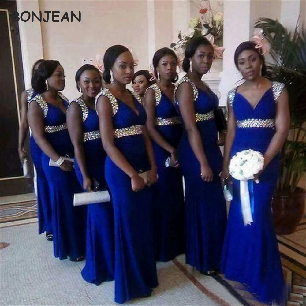 

2021 Royer Blue Mermaid Bridesmaid Dresses Long Beaded Crystals Elastic Satin African Mermaid Bridesmaid Dress Black Girls