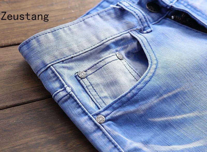 No Belt) Spring Punk Style Men's Jeans Fashion Casual New Straight High Elasticity 28-42 Washed Ripped Hole Trousers JS03