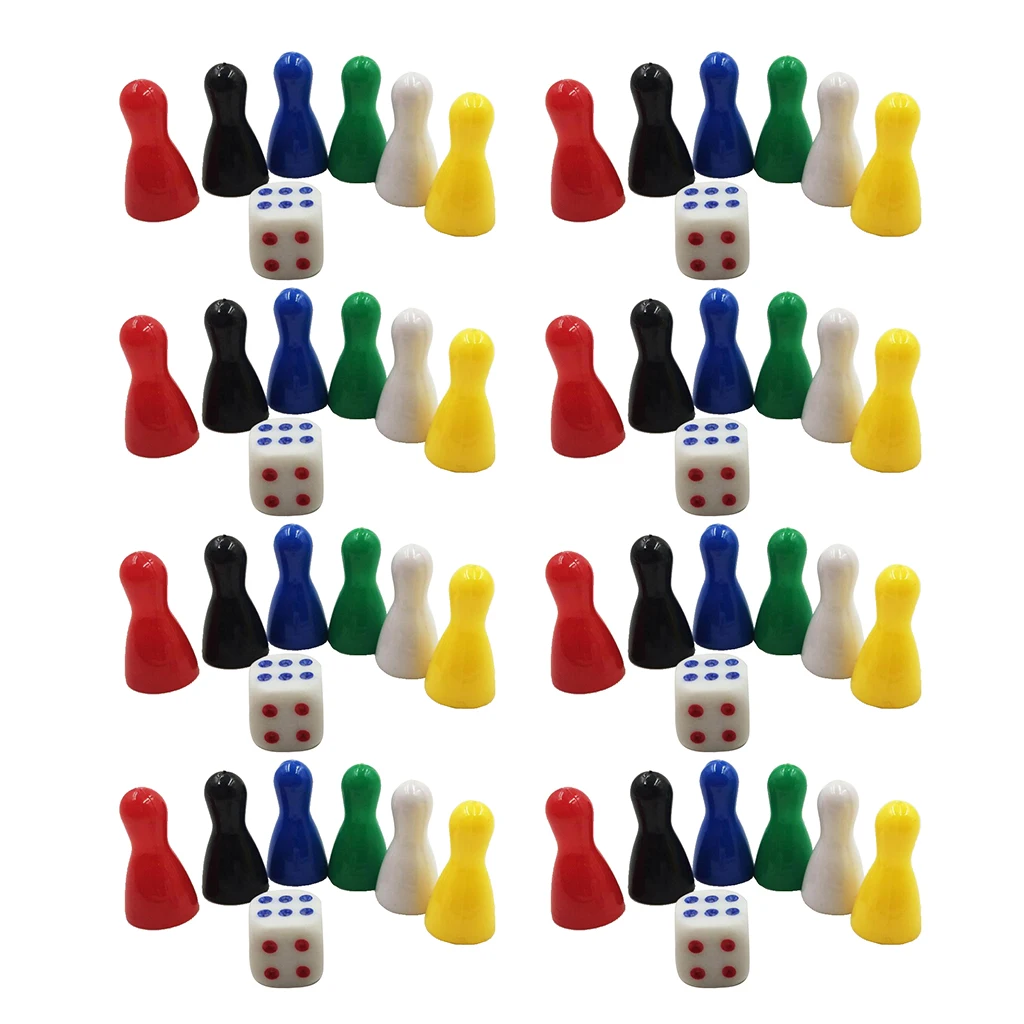 48 Pieces 1 Inch Multicolor Plastic Chess Pieces with 8 Dice for Board Games, Component, Tabletop Markers, Arts and Crafts
