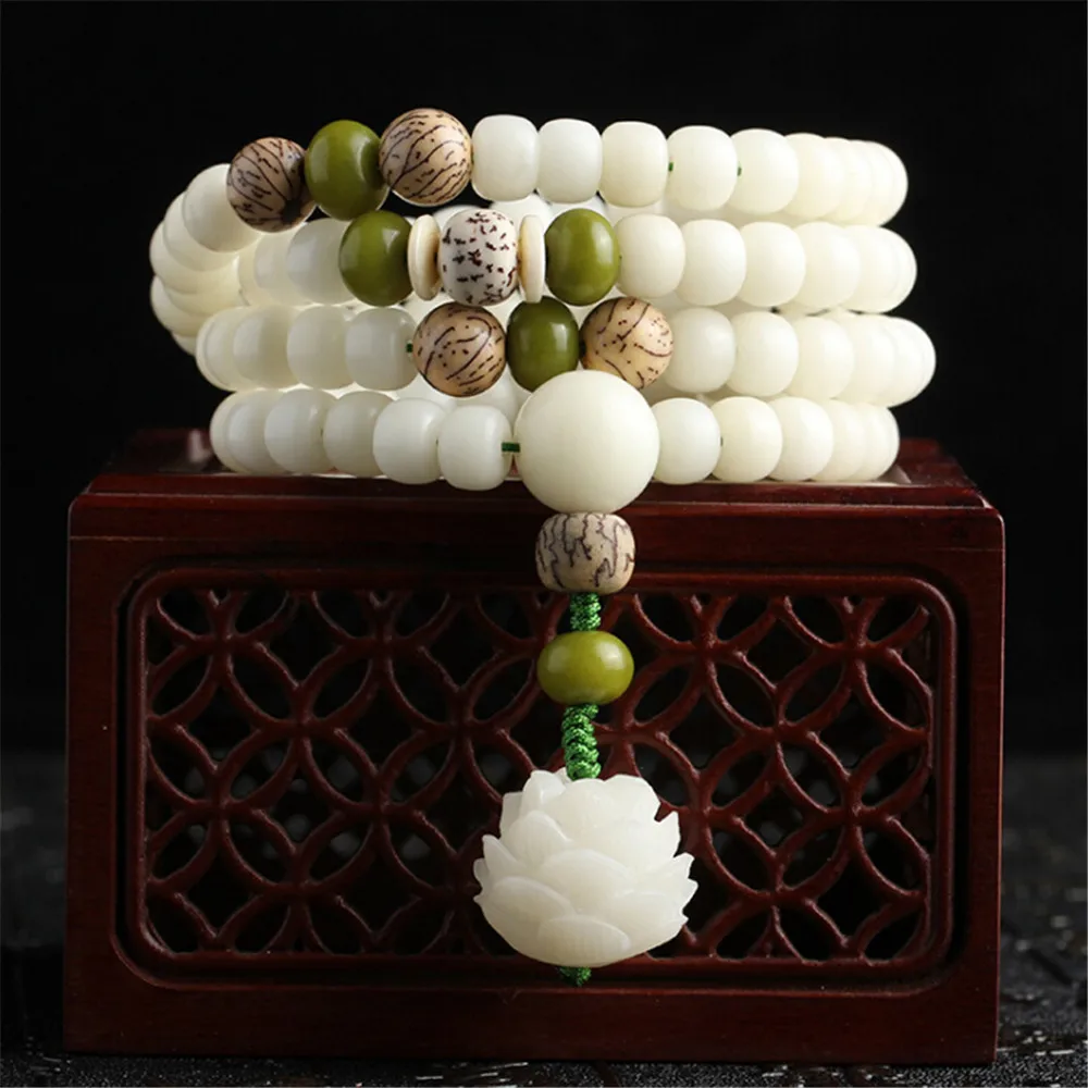 

Original Design Natural White Bodhi Root Beads Bracelet 108 Lotus Mala for Women Yoga Meditation Balancing Jewelry Gift Her