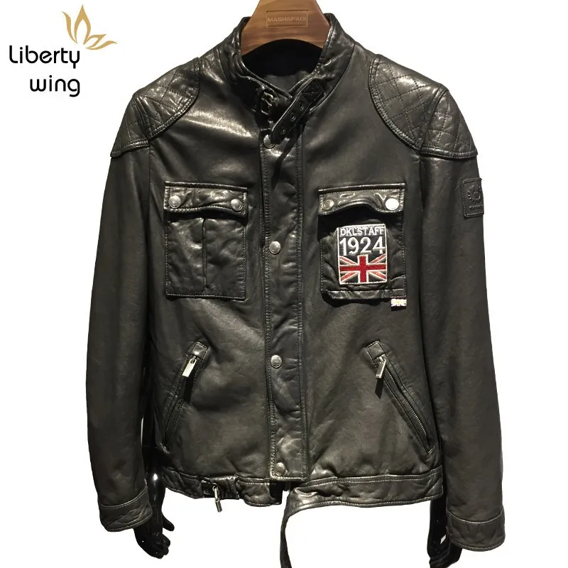 

Italy Designer Men Sheepskin Natural Motorcycle Jacket Handsome Punk Luxury Leather Slim Fit Stand Collar Windproof Coat