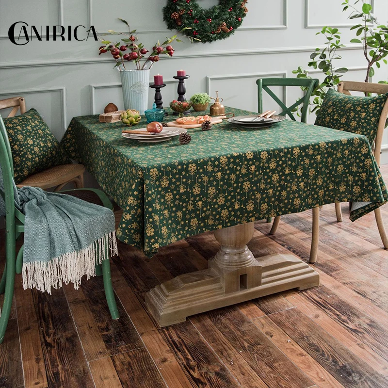  CANIRICA Christmas Tablecloth Linen Gold Tablecloth For Home Kitchen Dining Table Cover Green Mante