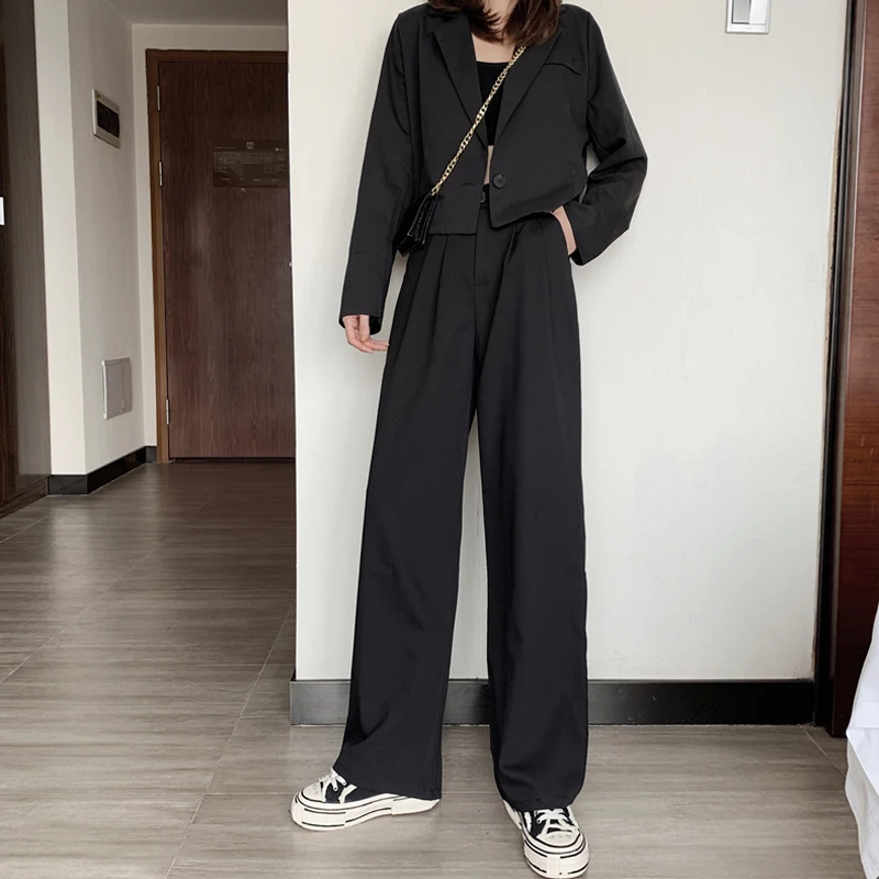 Осенние корейские брюки женские Новые широкие прямые брюки черные повседневные брюки женские с высокой талией тонкие широкие брюки