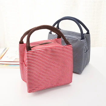 

New Lunch Bag Portable Striped Waterproof Insulated Canvas Insulation Bag For Women Picnic Cooler Bag Food Fresh Ice Pack
