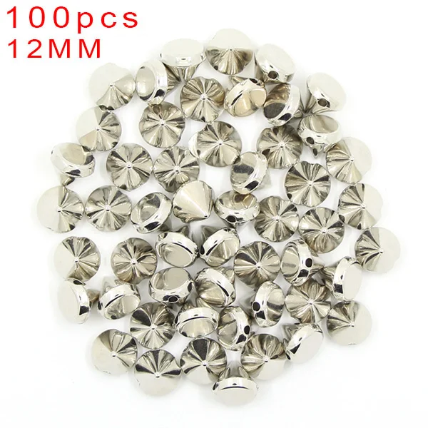 12MM Cone Sliver 100PcsPlastic шипы 6/8/10/12 мм браслетов, ожерелий, диаметр-цвет серебристый, золотой с заклепками; Цвет Черный; сезон Конус Пирамида Швейные Шипы аксессуары в стиле панк Костюмы с заклепками - Цвет: 12MM Cone Sliver