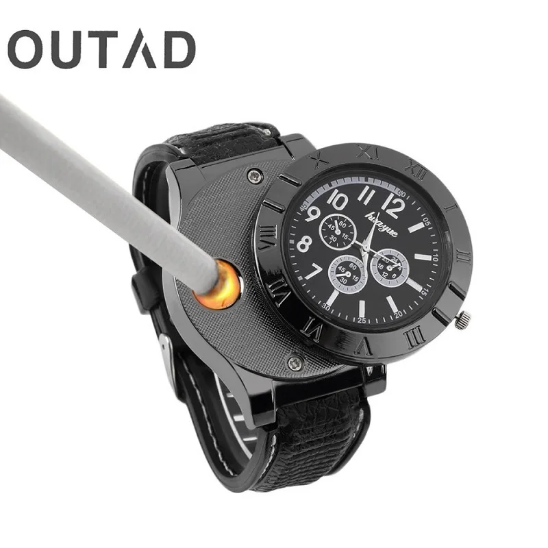 

OUTAD Men Metal Wrist Watch Quartz Windproof Electronic Cigarette Lighters Sports Man Watches USB Rechargeable