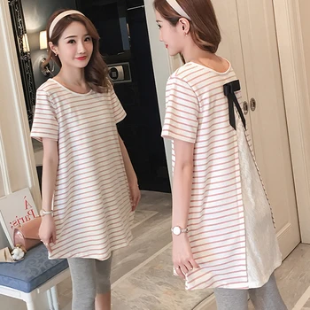 

Summer Cotton Maternity t-shirt Pregnant Women Black White Stripe Tops Tees Clothing Pregnancy Wear Long Casual Loose Bow Shirts