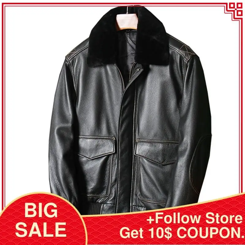 

2020 Black Men USAF Pilot Leather Jacket Men American Size XXL Genuine Thick Cowhide Winter Warm Military Aviator Leather Coat