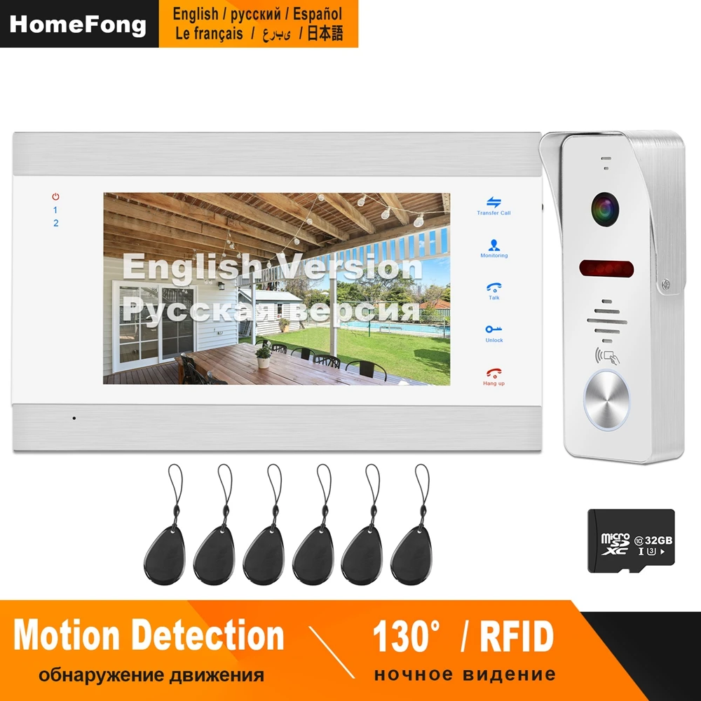 HomeFong Wired Video Intercom for Home Video Door Phone RFID Doorbell Camera Lock Access Control System  Motion Detection Record