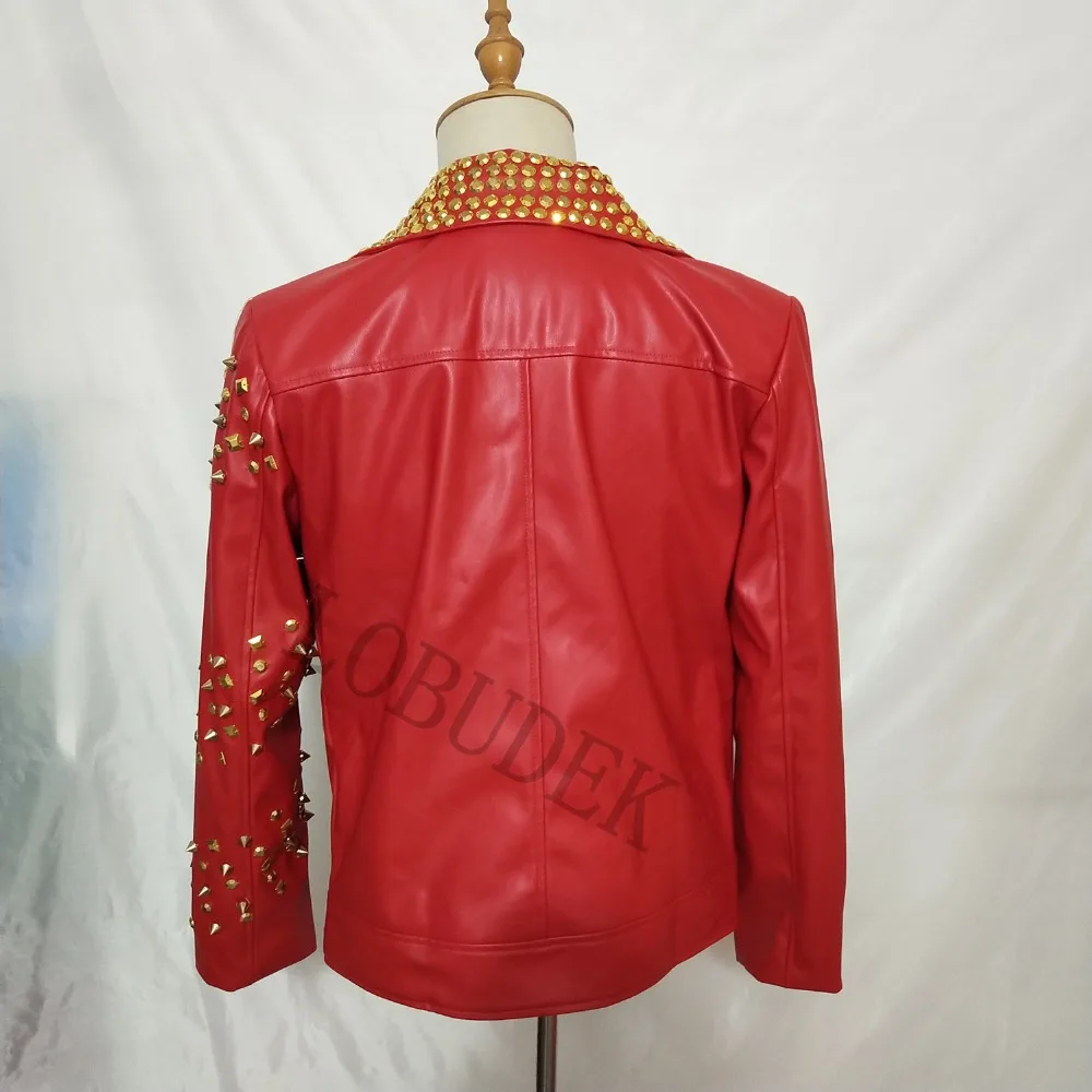 Ручной работы из кожи с заклепками верхняя одежда красная куртка из искусственной кожи для ночного клуба Бар прилив мужской панк-рок