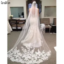 Элегантные Длинные Свадебные вуали с кружевной аппликацией белого цвета слоновой кости один слой свадебная вуаль velo de novia largo