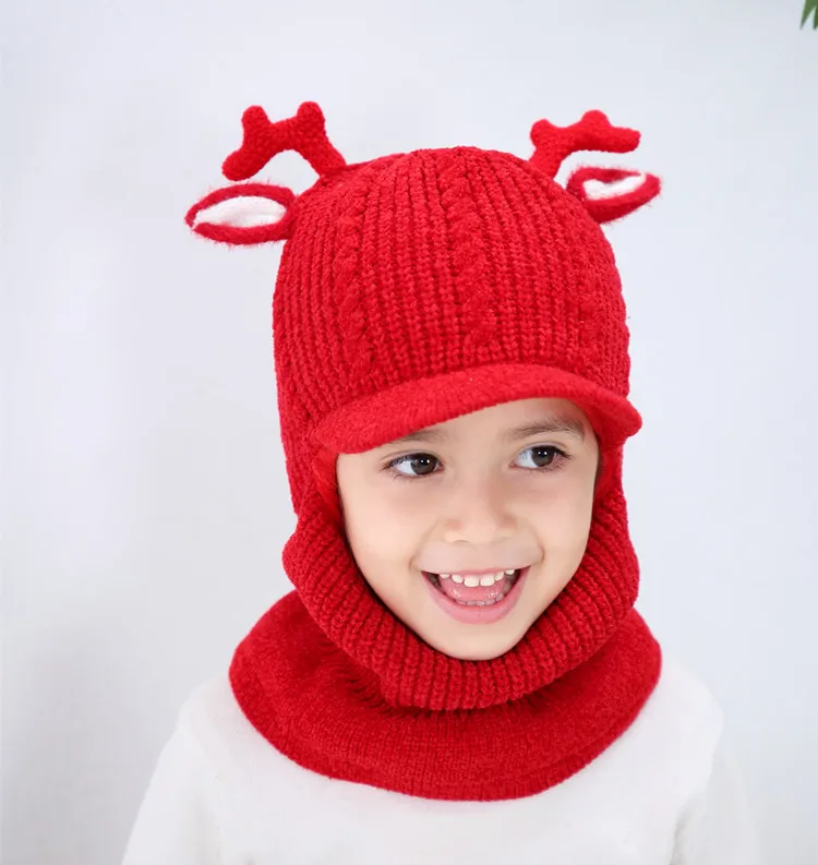 Детская шапка с ушками и рогами, шарф, осенне-зимняя ветрозащитная Рождественская шапка на флисовой подкладке для детей 1-8 лет