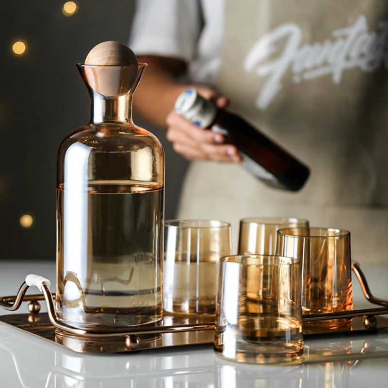 

Simple Glass Cold Water Kettle And Cup Set Home Drink Pot Juice Glass Bottle With Wooden Ball Lid Water Cup Household Drinkware