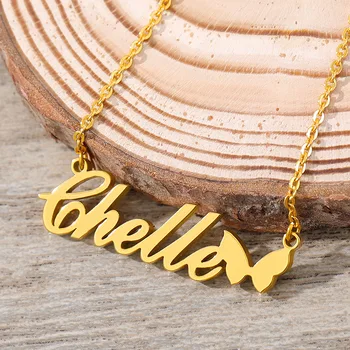 

Custom Necklace Butterfly Pendant Stainless Steel Gold Color Chain Personalized Name Necklaces Jewelry For Women