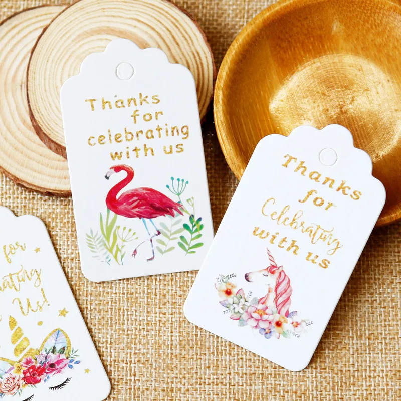 

50pcs Flamingo Gift Paper Tag Thank You Scallop Label Unicorn Paper Cards Wedding Party Note Hang Tag Gift Wrapping Supplies