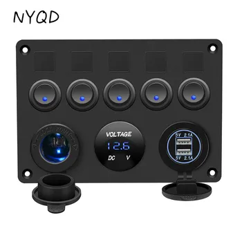 

12-24V 5 Gang ON-OFF Toggle Switch Panel Dual USB Socket Charger 4.2A LED Voltmeter 12V Power for Car Boat Marine RV Truck