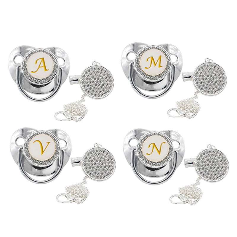 Nuevo plata bebé chupete Clips cadena 26 nombre letras iniciales de silicona bebé pezón recién nacido Bling tonto libre de BPA bebé chupete