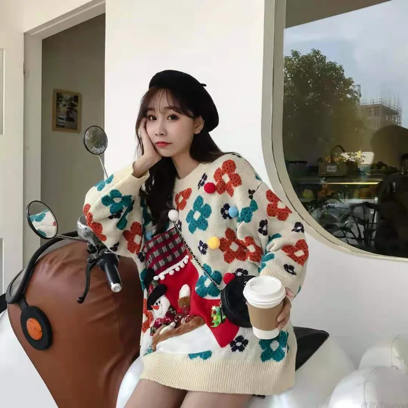 

Christmas pullover stitching Korean winter ladies stitch jacquard pattern oversized couple casual pullover wool ladies