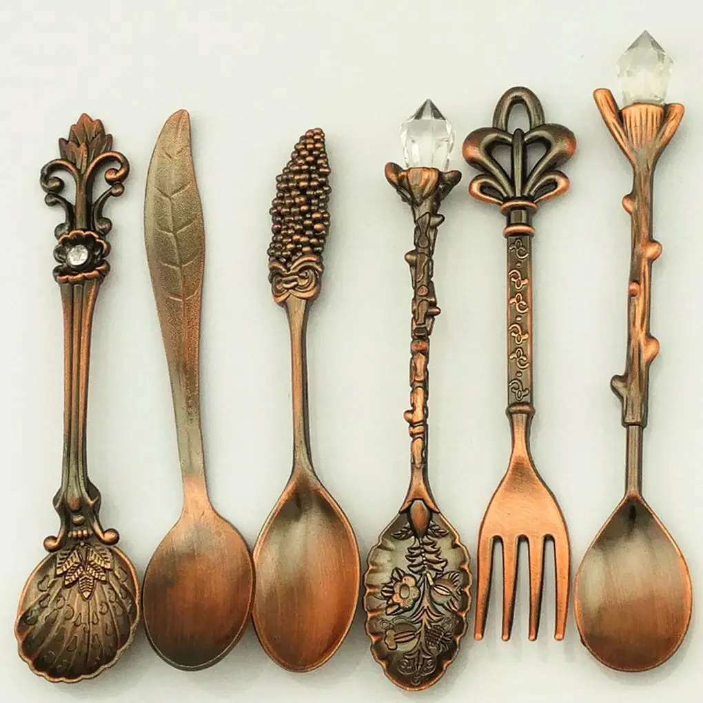 

2020 6pcs Bronze Carved Eco-Friendly Small Tea Coffee Spoons Food Fork Mixing Scoop