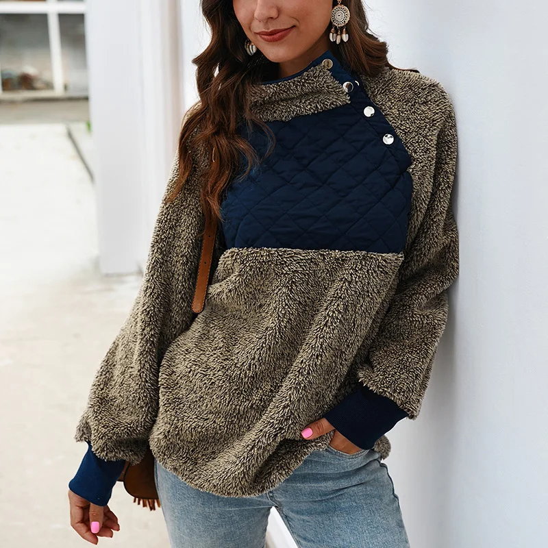 

High Neck Fleece Fur Tops Patchwork Pullovers Women Elegant Faux Fur Hoodies Sweatshirts Casual Outwear Autumn Winter Streetwear