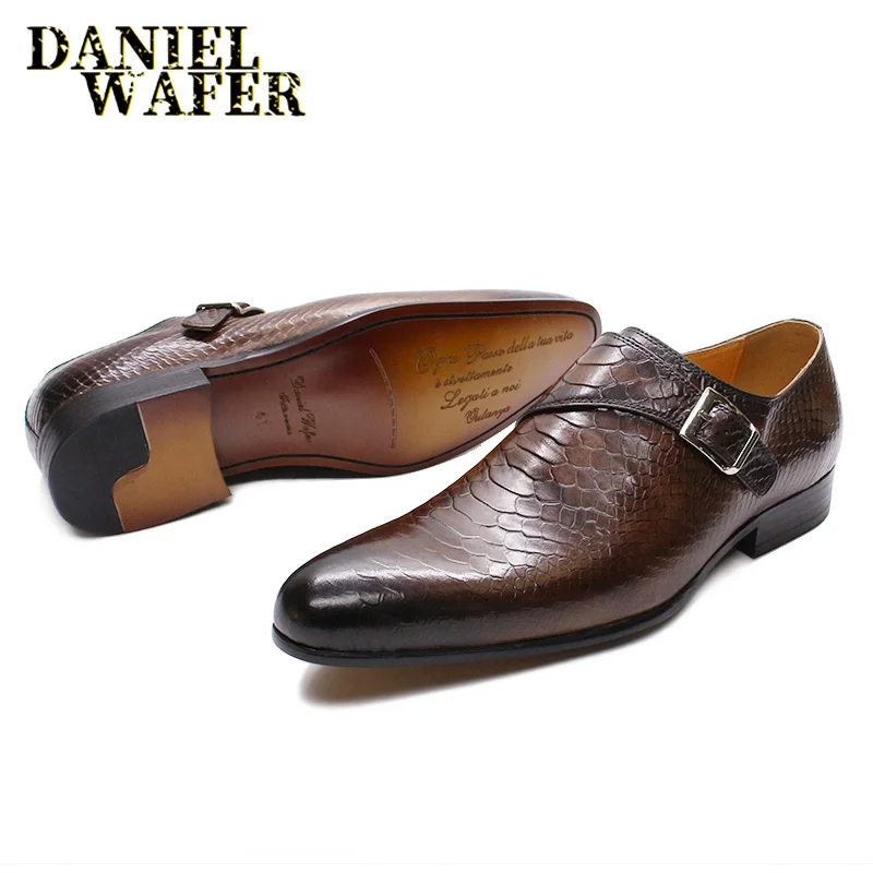 LUXURY MEN LOAFERS SHOES SNAKE SKIN PRINTS MONK STRAP SLIP ON BROWN BLACK CASUAL SHOES FORMAL DRESSES OFFICE men's summer shoes