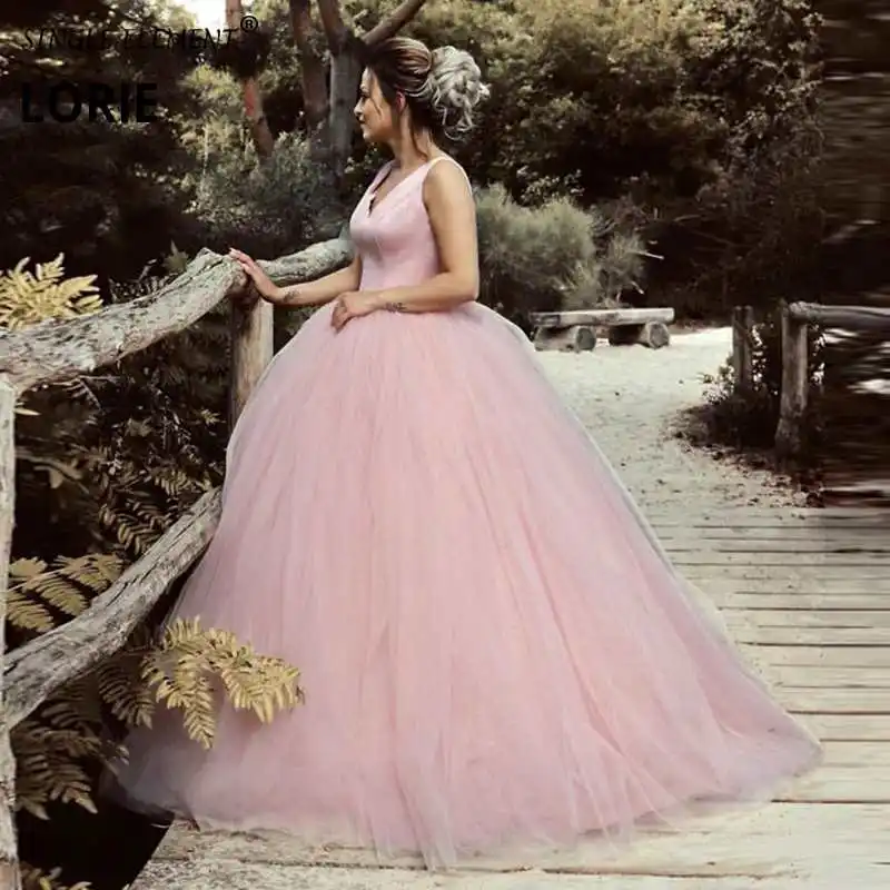 

Romantic V Neck Open Back Bridal Custom Made Ball Gown Pink Wedding Dresses