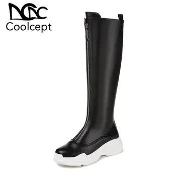 

Coolcept Plus Size 29-46 Women Knee High Boots Brand New Winter Warm Fur Wedges Shoes Women Fashion Zipper Casual Platform Boots