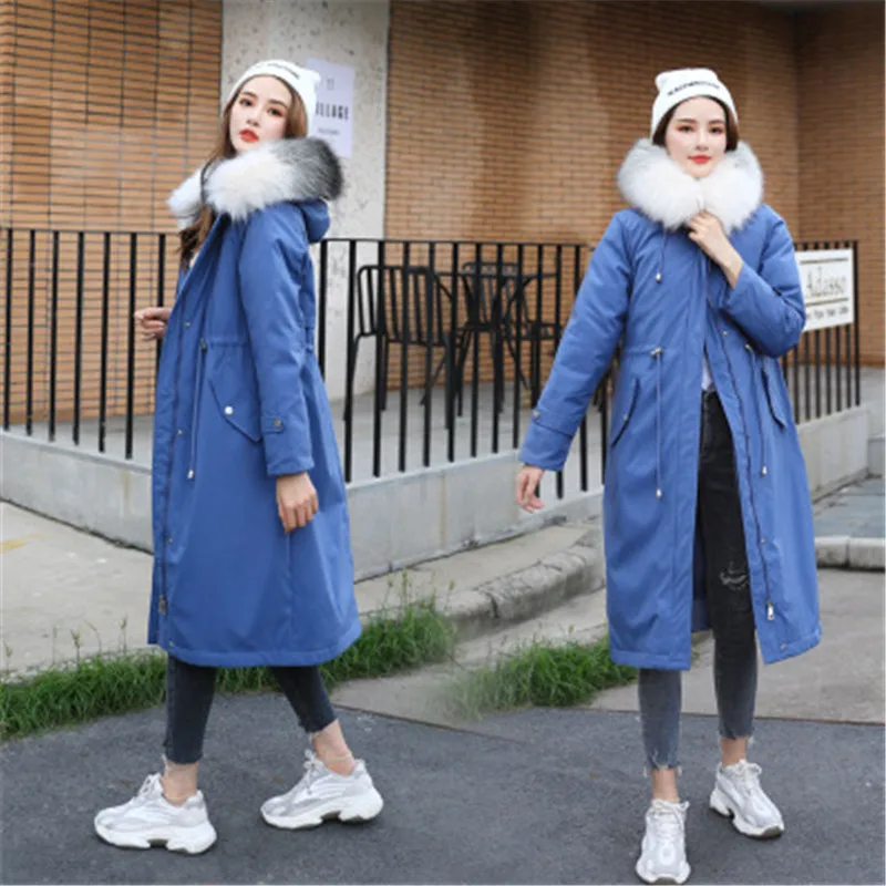 blue Большие размеры 6XL, парка, куртка, зима, женское длинное высококачественное пальто из овечьей шерсти с капюшоном и меховым воротником, хлопковое пальто, теплое, с хлопковой подкладкой - Цвет: blue