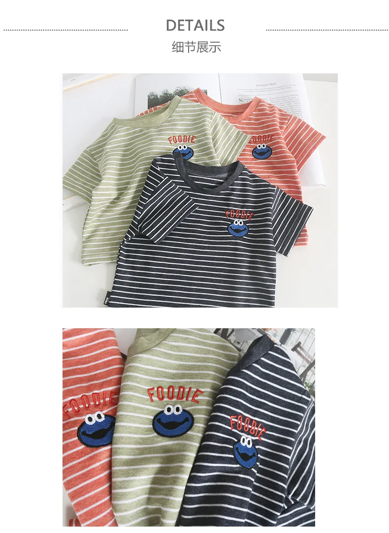 Chen Mom Summer Short Sleeve T-shirt 1-3-5-Year-Old Children Hemp Cotton Half Sleeve Tops Infants Child Cartoon Loose-Fit Stripe