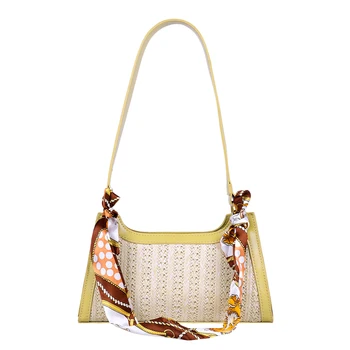 

Casual Fashion Woven Straw Handbag Women Beach Silk Scarf Decor PU Leather Splicing Tote Ladies Elegant Summer Underarm Shoulder