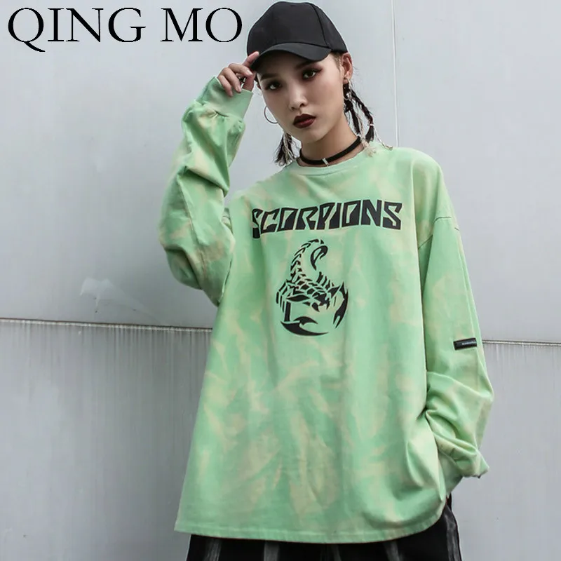 QING MO, женский зеленый пуловер с буквенным принтом, Женская толстовка, повседневный стиль, тонкая шифоновая толстовка,, осень, ZQY1296
