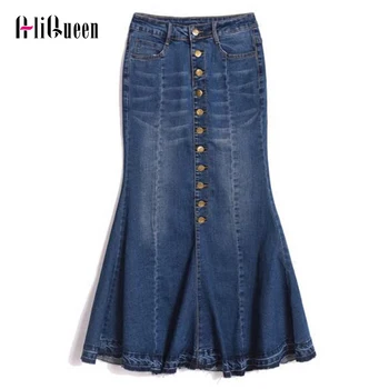 

Autumn Vintage Women Single Button Trumpet Skirts Elegant High Waist Blue Denim Skirt Female Midi Mermaid Party Skirts Plus Size