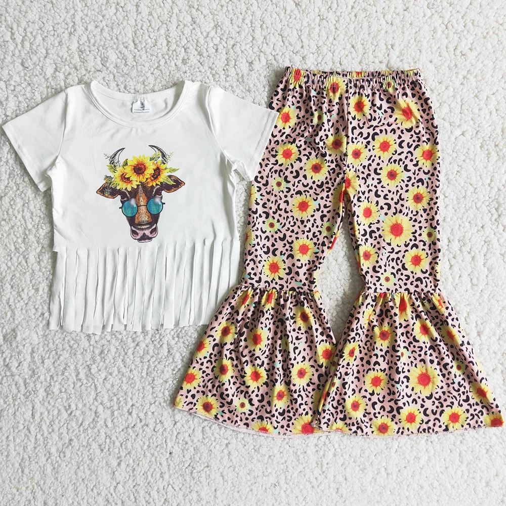 

Новинка, модная одежда для девочек, топ с кисточками и принтом коровы, одежда для маленьких девочек, брюки с подсолнухом и колокольчиком, наряды, оптовая продажа, детская одежда