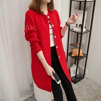 

Knitting Cardigan Woman 2019 Nail Pearl Long Sleeve Sweater Women Loose Coat