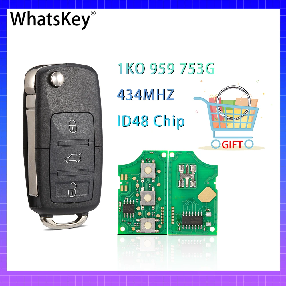 Car Remote Key 434Mhz ID48 Chip For Volkswagen/VW Eos Beetle Jetta Bora Passat Golf Polo Caddy Sirocco Tiguan Touran 1K0959753G