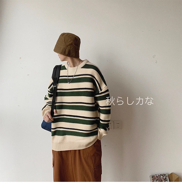 Winter Men's Stripe Printing Round Neck Coats Woolen Pullover In Warm Casual Cashmere Sweater Brand Male Knitting M-2XL