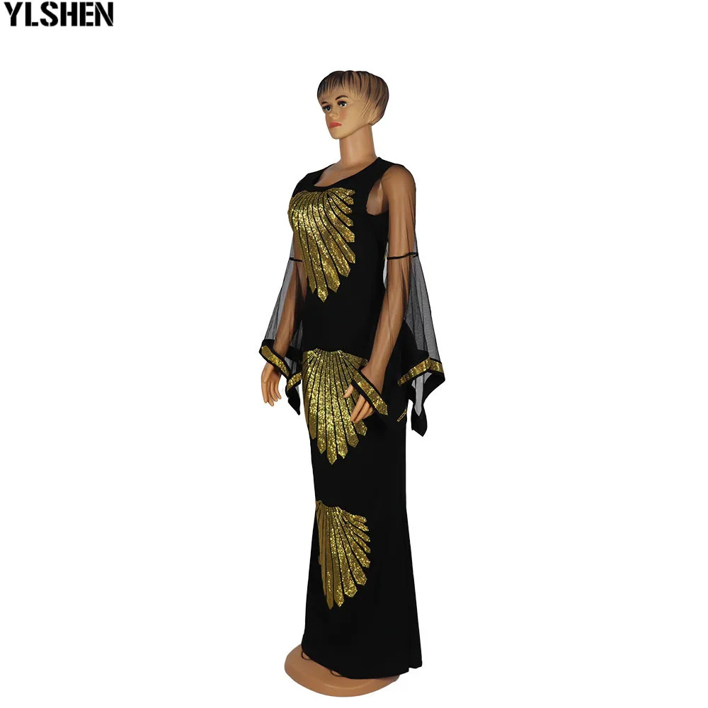African Dresses For Women Dashiki Mesh Ruffle Sleeve Robe African Dress Africa Clothes Super Elastic Diamonds Party Maxi Dress 29