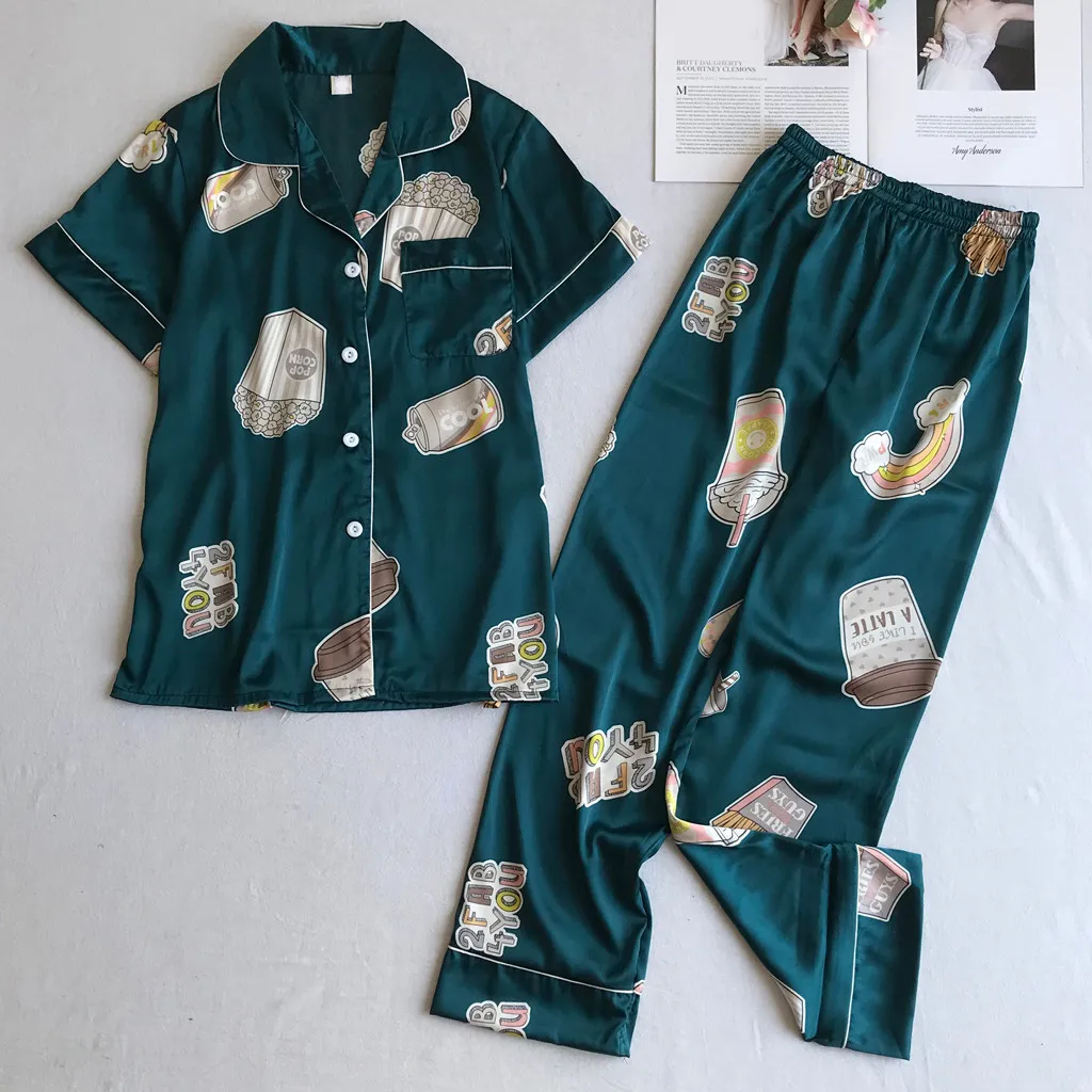 Женская одежда для сна с принтом, модная одежда для сна с короткими рукавами, удобные пижамы, топ, штаны, комплекты Nachthemden Batas Para Dormir Mujer 2019 лет