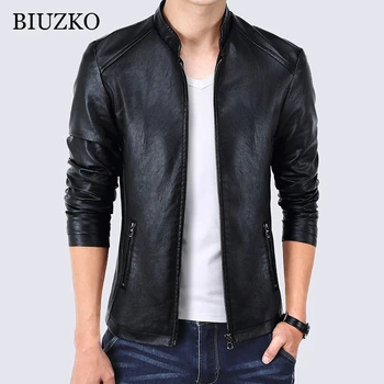 

Casual Pockets Men Faux Leather Jacket Solid Zippers Bomber PU Jackets And Coats Slim Autumn Men Overcoat