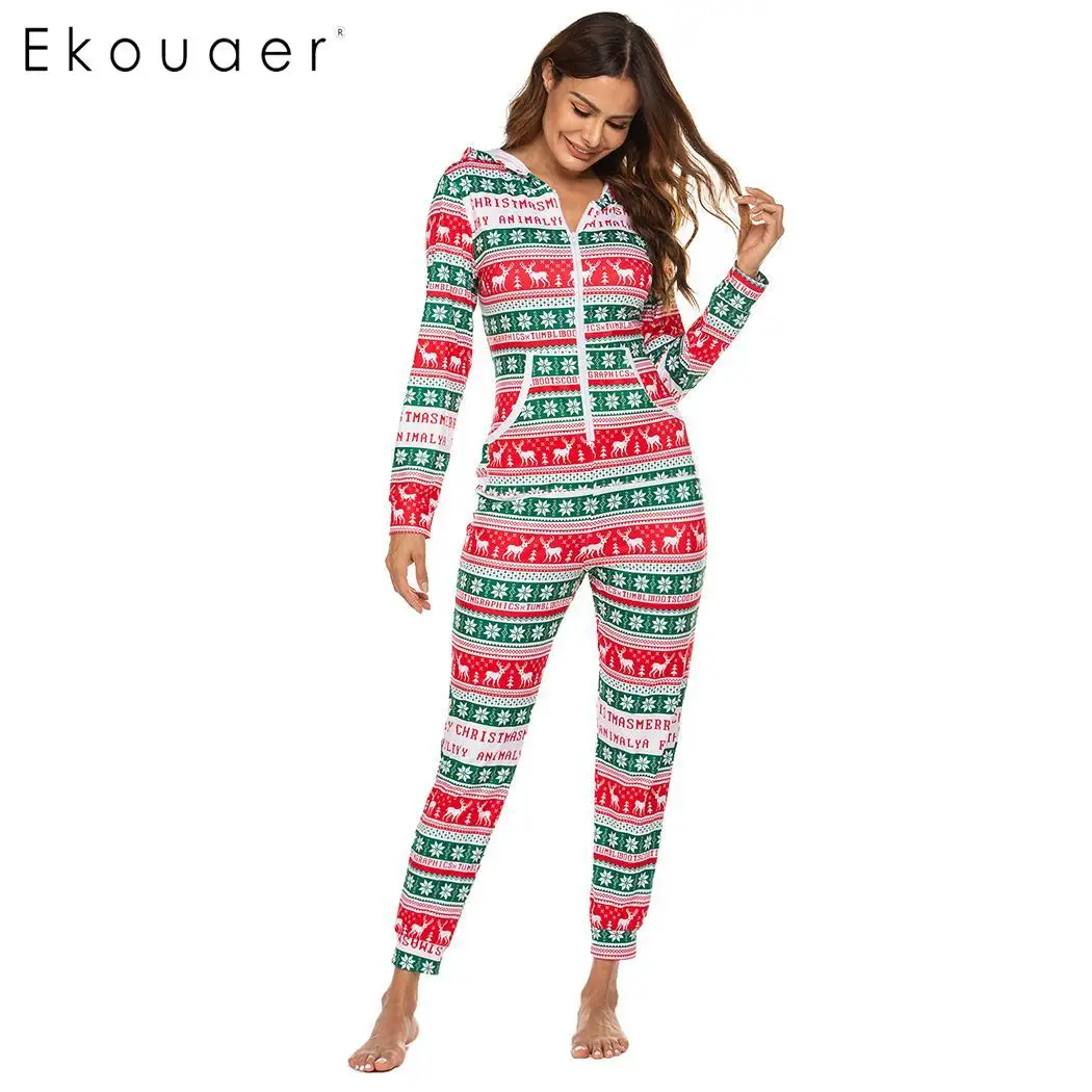 Ekouaer женская пижама-комбинезон для взрослых, осенняя зимняя пижама с длинным рукавом и круглым вырезом, пижама с принтом, цельная Пижама с капюшоном