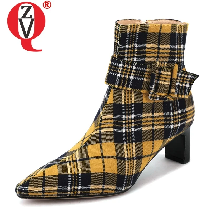 

ZVQ brand ankle boots striped plaid fabric blue green velvet fashion autumn spring pointed toe 6cm high heels women's shoes