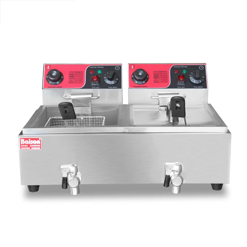 

BS-82B Electric Fryer Commercial Thick Stainless Steel Double Cylinder Fryer With Timer Drain Valve French Fries Electric Fryer