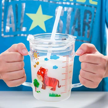 

350ml Cute Cartoon Children Graduated Straw Cup Double Handle Milk Breakfast Cup Sealed Lock Lid Animal Juice Cup