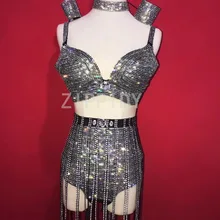 Блестящий Полный бюстгальтер со стразами Высокая Талия Короткие бриллианты Кисточкой Набор для женщин певица День Рождения шоу одежда для ночного клуба