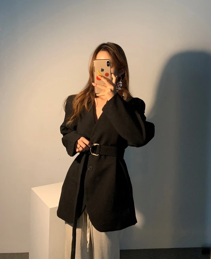 Korean Fashion Women Office Work Blazers Brown Black Solid Color Belted Slim Blazer Coat