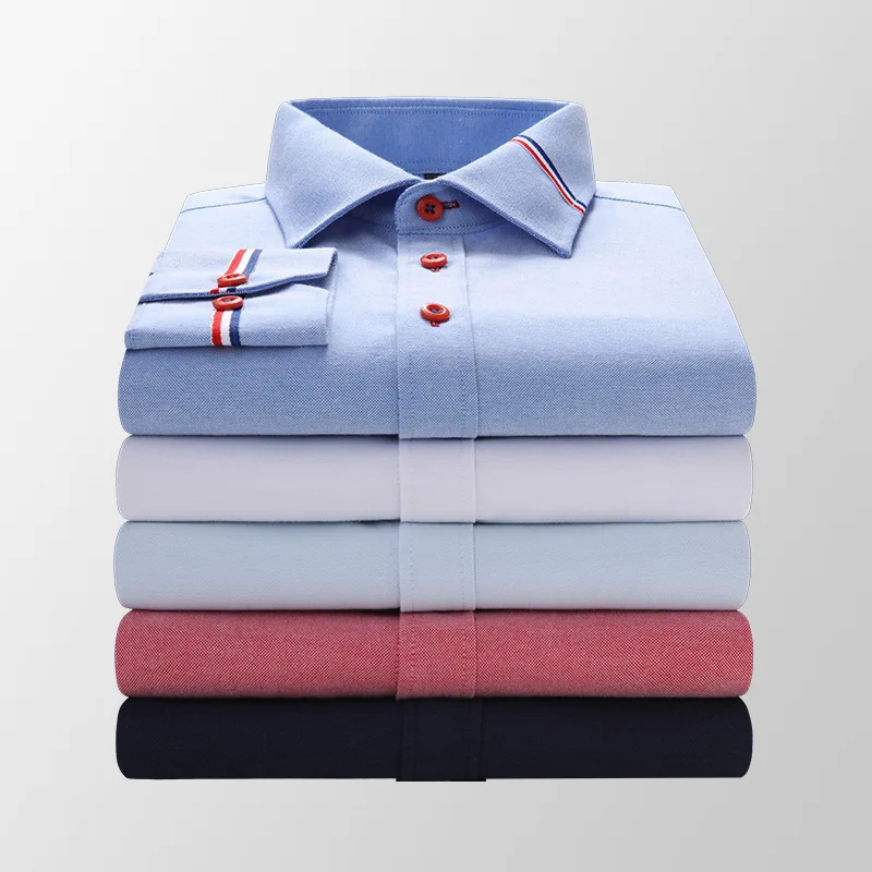 Men's Long Sleeve Oxford Striped Casual Shirt Front Patch Regular-fit Button down Collar Thick Work Shirts Long Sleeve Shirt Men Casual Shirt