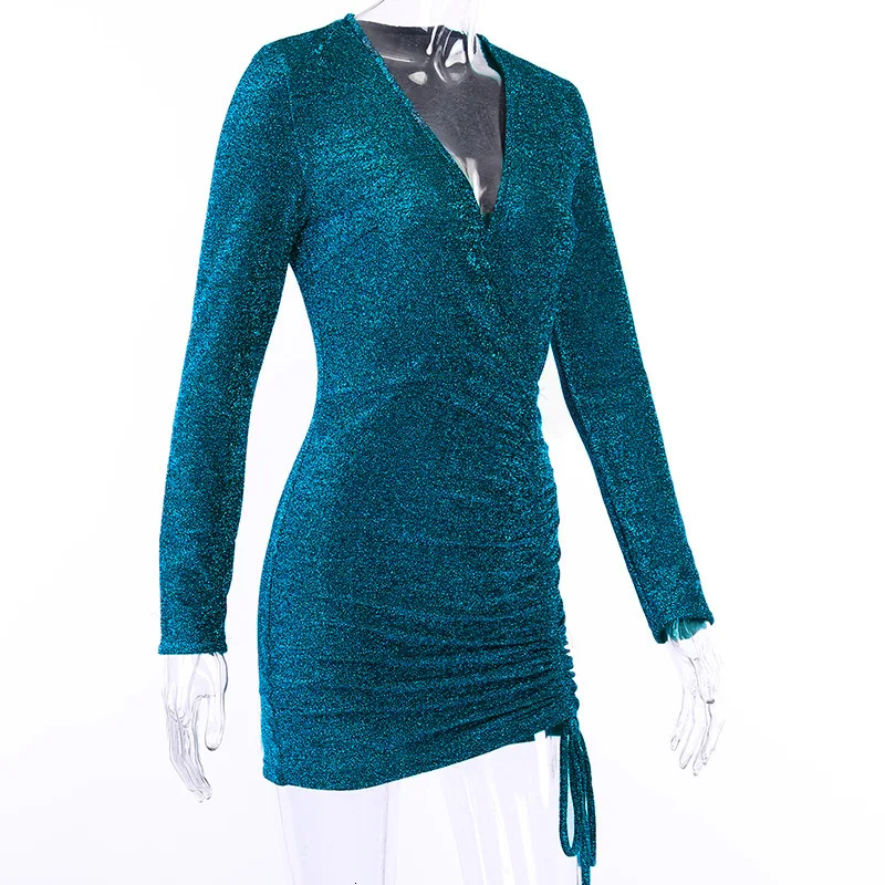 Fuedage Осенняя повязка с блестками сексуальное платье для женщин глубокий v-образный вырез облегающее блестящее платье с рюшами синие Клубные вечерние платья Vestidos