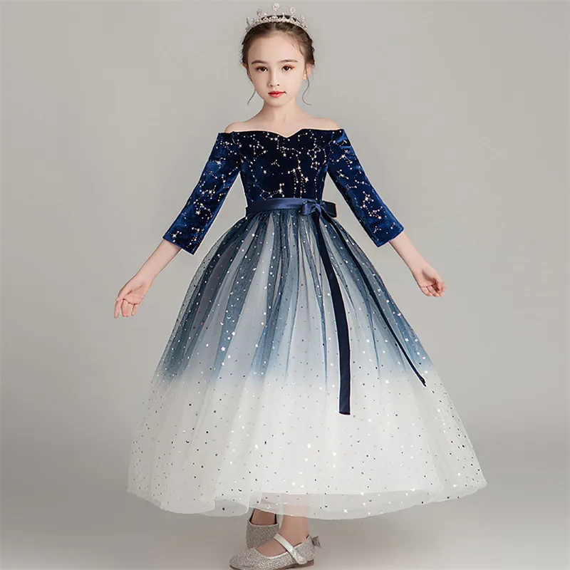 darkblue long dress Г. Осеннее роскошное Новое Детское пышное платье принцессы для дня рождения с открытыми плечами детское платье для игры на фортепиано - Цвет: darkblue long dress