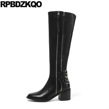 

big size block black shoes autumn zipper round toe chunky brand winter long high heel over the knee thigh boots for plus women
