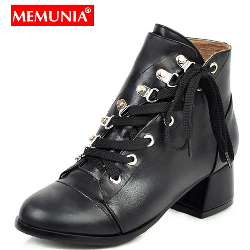 

MEMUNIA Plus size 34-43 New lace up women boots square high heels round toe soft pu leather ankle boots for women fashion shoes